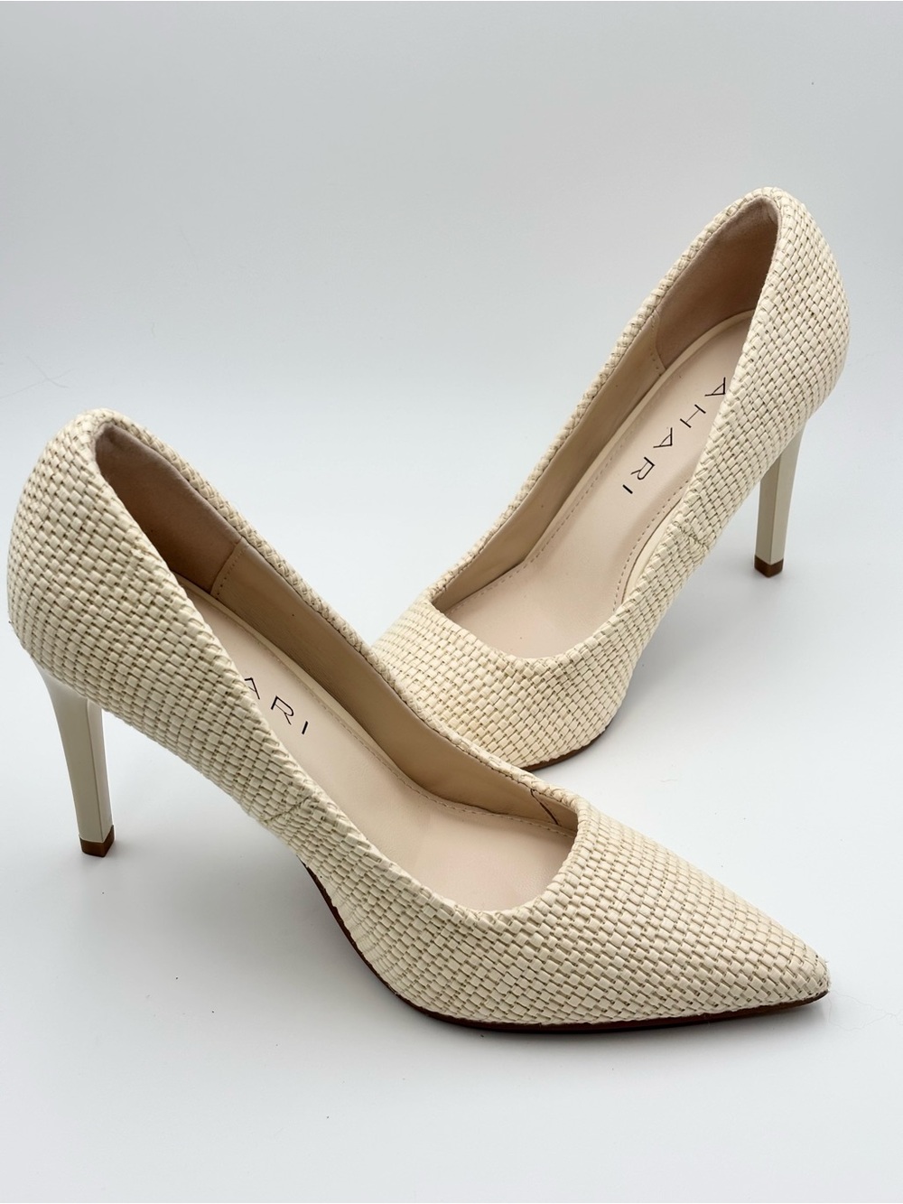 Tahari Cream NIAGRA Vegan Leather  3.75” Woven Upper Stiletto Heels